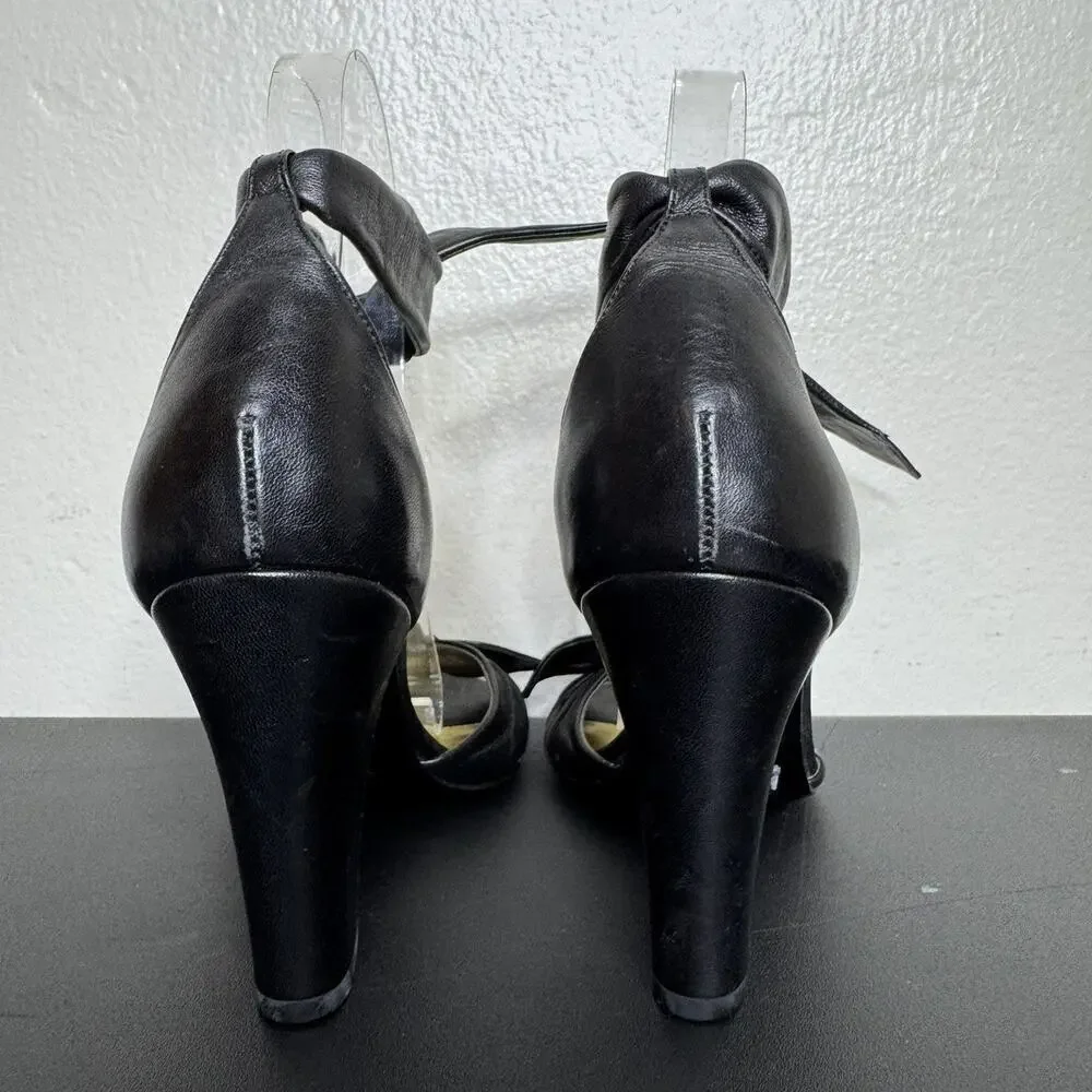 Coach Black Leather Peep-Toe Heels, Ankle Tie, 3.5